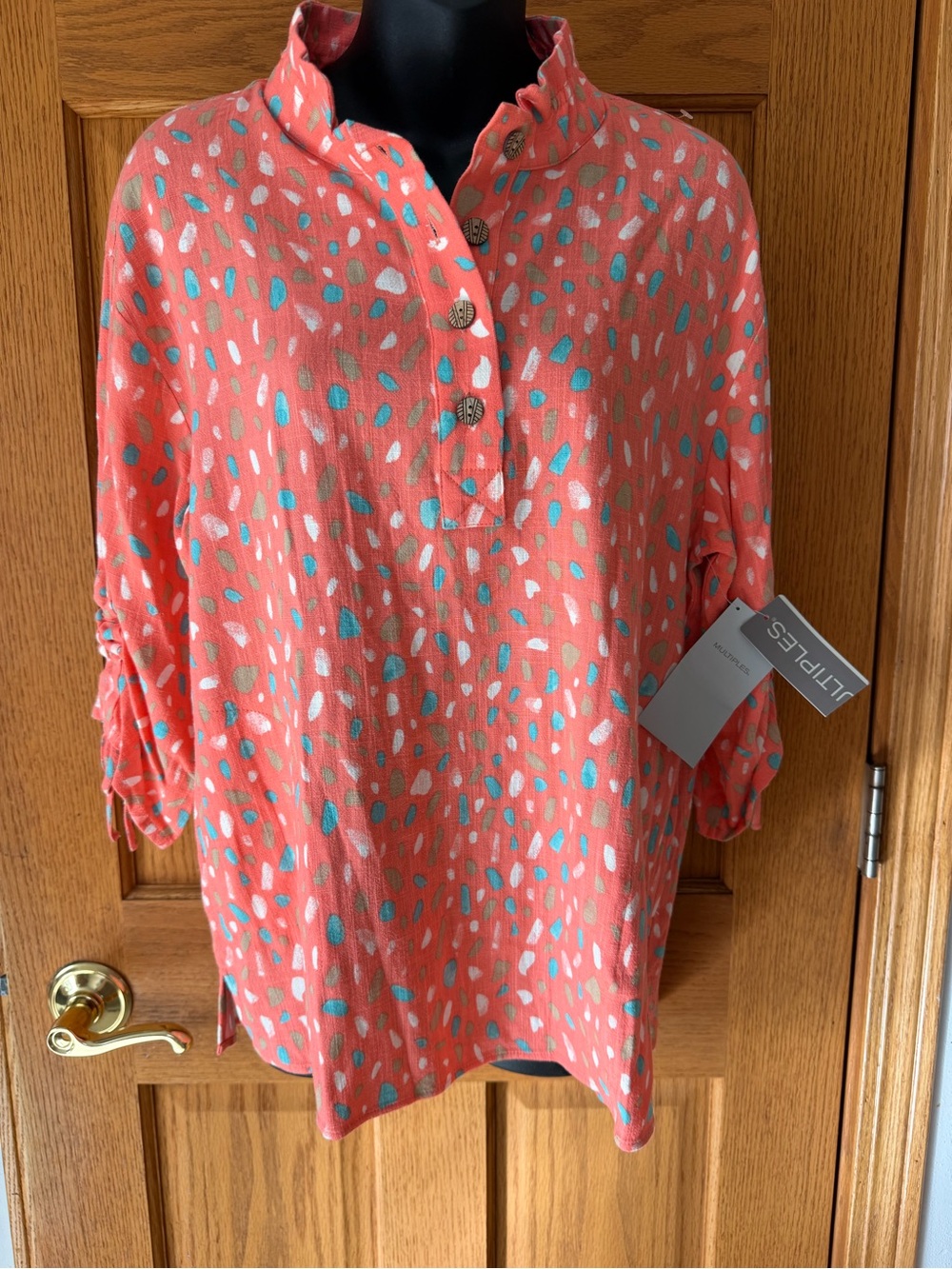 Multiples Coral Popover Tunic with Mint & White Dots